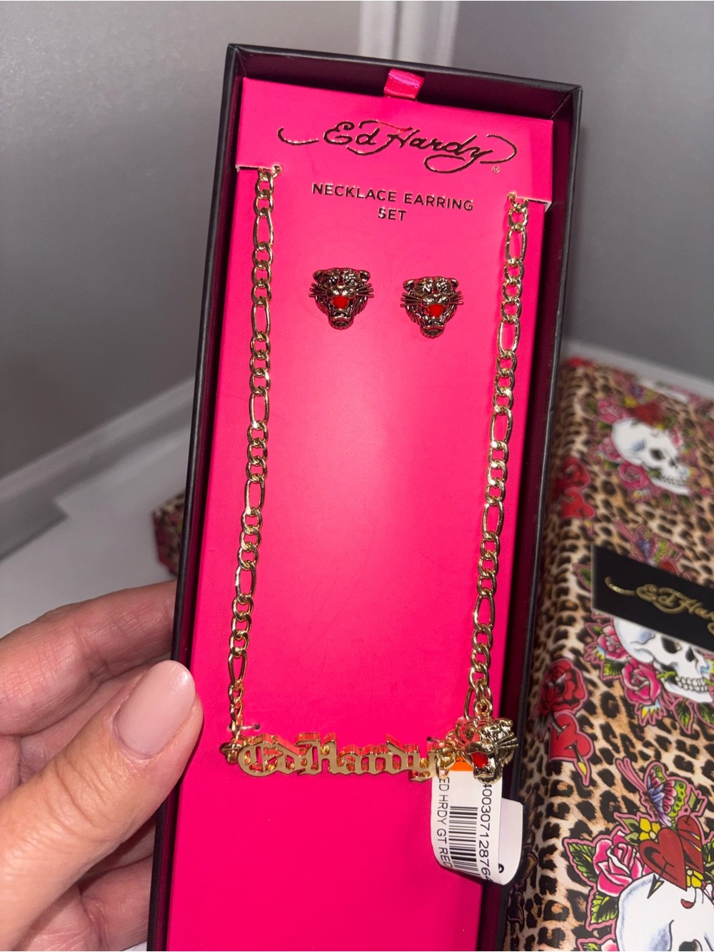 Ed Hardy Gold Tone Necklace and Tiger Head Stud Earrings with Pink Accents